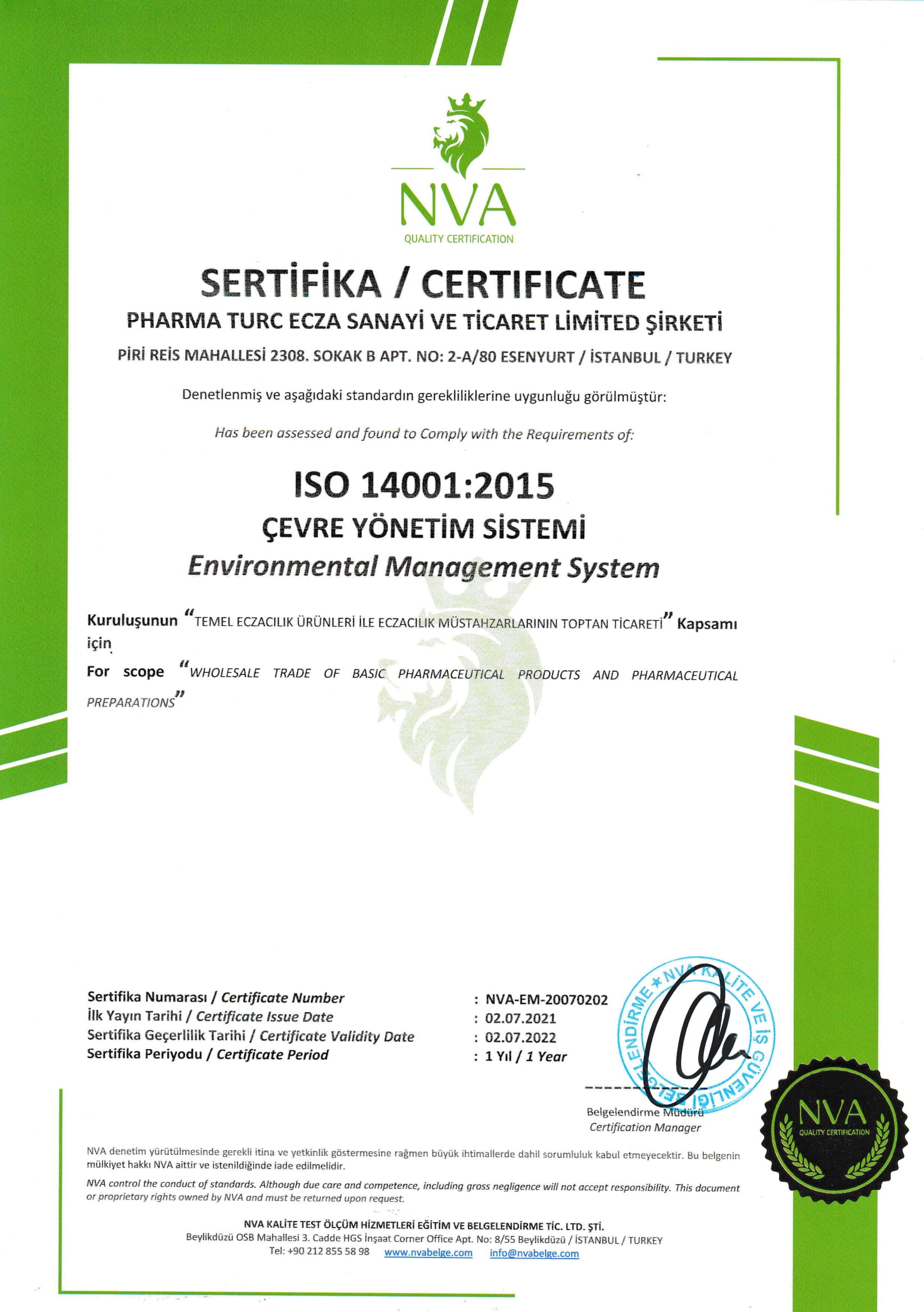 NVA-EM-20070202 PHARMA TURC ISO 14001